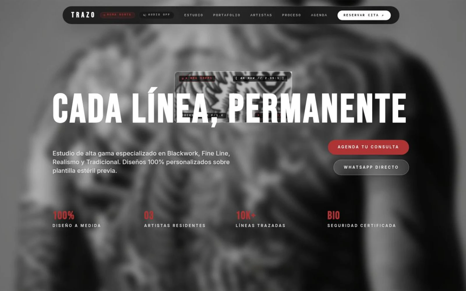 Página de inicio de Trazo, plantilla de estudio de tatuaje de autor construida sobre Kenza UI